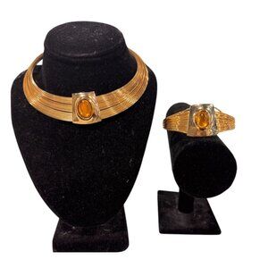 Vintage Gold Tone Choker & Bracelet Set With Amber Stone Accent Muti WIre